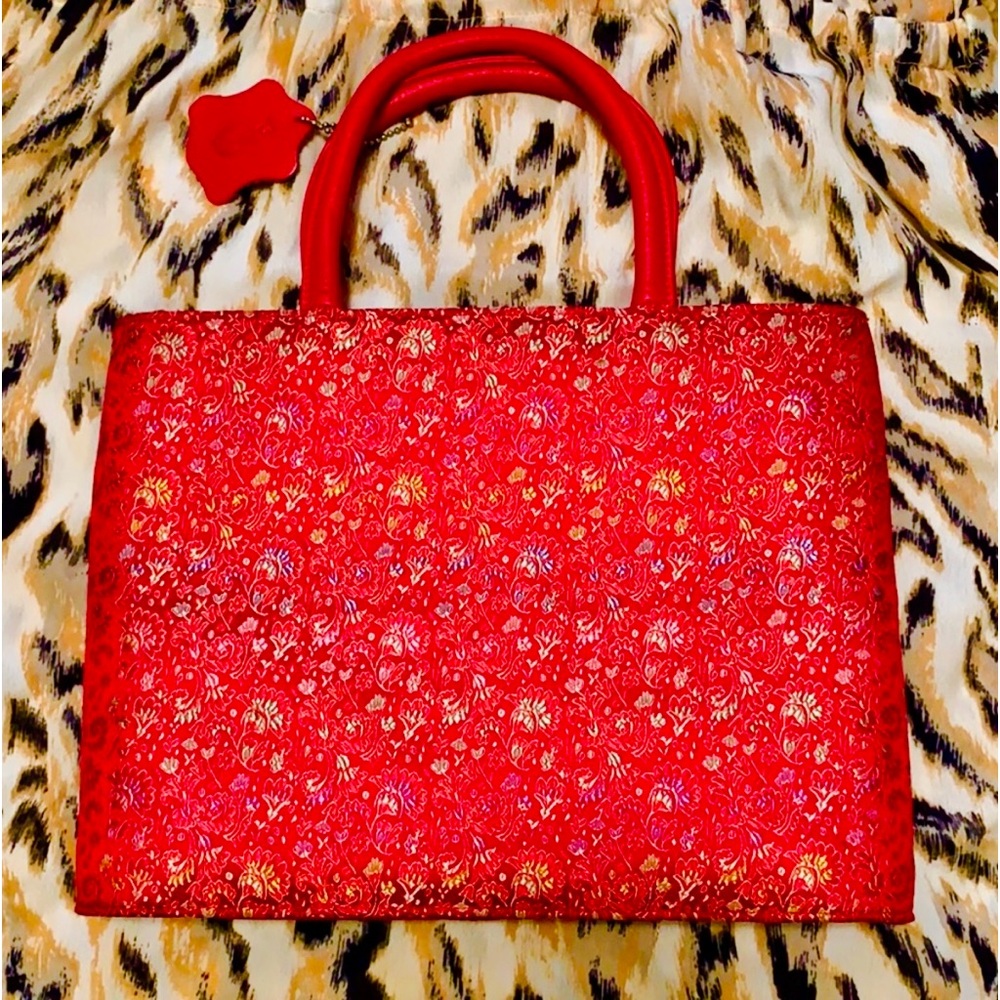Red satin floral print handbag